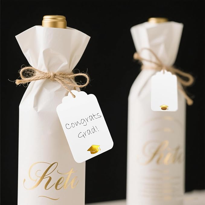 ASYEHJNR 100Pcs Blank Gift Tags with String Foil Gold Grad Cap Large White Paper Gift Tags with 65 Ft Jute Twine for Congrats Grad Congratulations Graduation Party