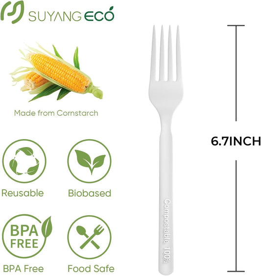 Compostable Disposable Forks 100 Count Compostable Forks Bulk No Plastic Forks Heavy Duty Biodegradable Forks Eco Friendly for Lounge Party Wedding Picnic Camping