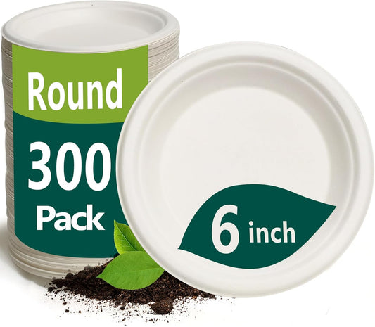 6 Inch Small Paper Plates, 300 Pack Disposable Compostable Dessert Plates Made from Sugarcane Fibers, Eco-Friendly, White