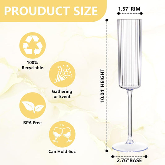 36 Pack Clear Plastic Champagne Flutes - 6oz Ribbed Disposable Champagne Glasses - Clear Vintage Mimosa Glasses with Long Stem - Elegant Sparkling Wine Stemware for Weddings, Parties