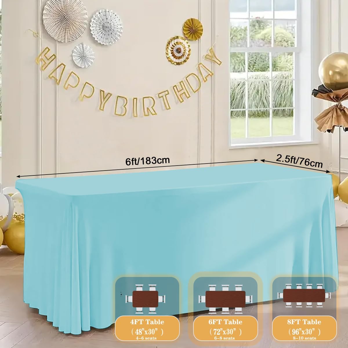 HAORUI Open Back Table Skirts, 4Pack Rectangle Wrinkle Resistant Table Clothes, Ruffles Elastic Table Cover for Banquets, Weddings, Parties (6ft Baby Blue)