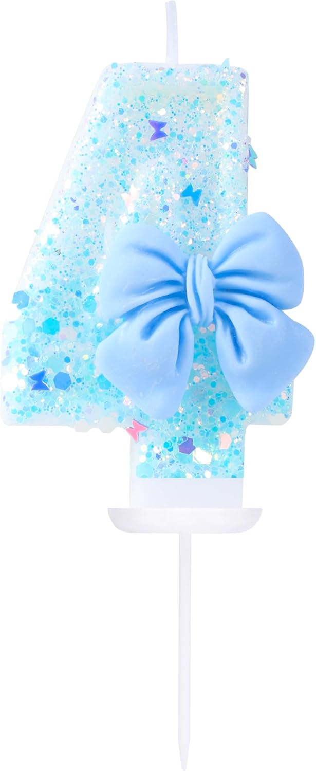 4 Birthday Candles Blue Bow Number 4 Cake Candles, 4th Cake Topper Decorations for Kids Pets Pastel Birthday Party Supplies (Number 4)