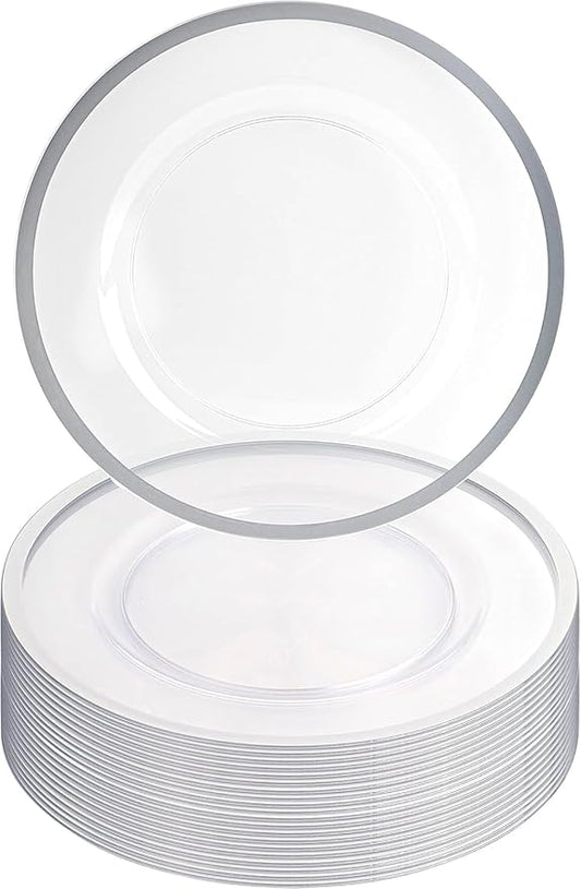 PARTY BARGAINS 13-Inch Charger Plates - 16 Pack, Clear Silver Rim, Heavy-Duty Disposable Chargers for Elegant Dining - Ideal for Weddings and Formal Events