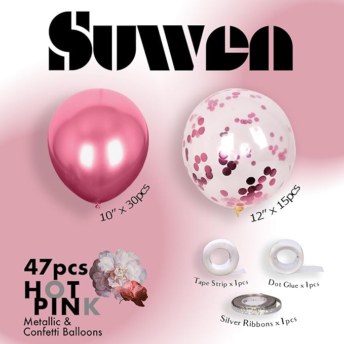 SUWEN Pink Metallic Balloons and Confetti Balloons Set 47PCS Latex Helium Chrome Hot Pink Balloon for Birthday Graduation Anniversary Wedding Party Decorations