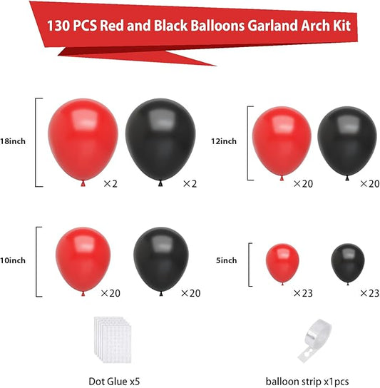 Red and Black Balloons Arch Kit,130pcs Black and Red Balloon Garland,Different Sizes Red Latex Balloons for Birthday New Years Graduation Bachelorette Poker Casino Prom Party Decoration