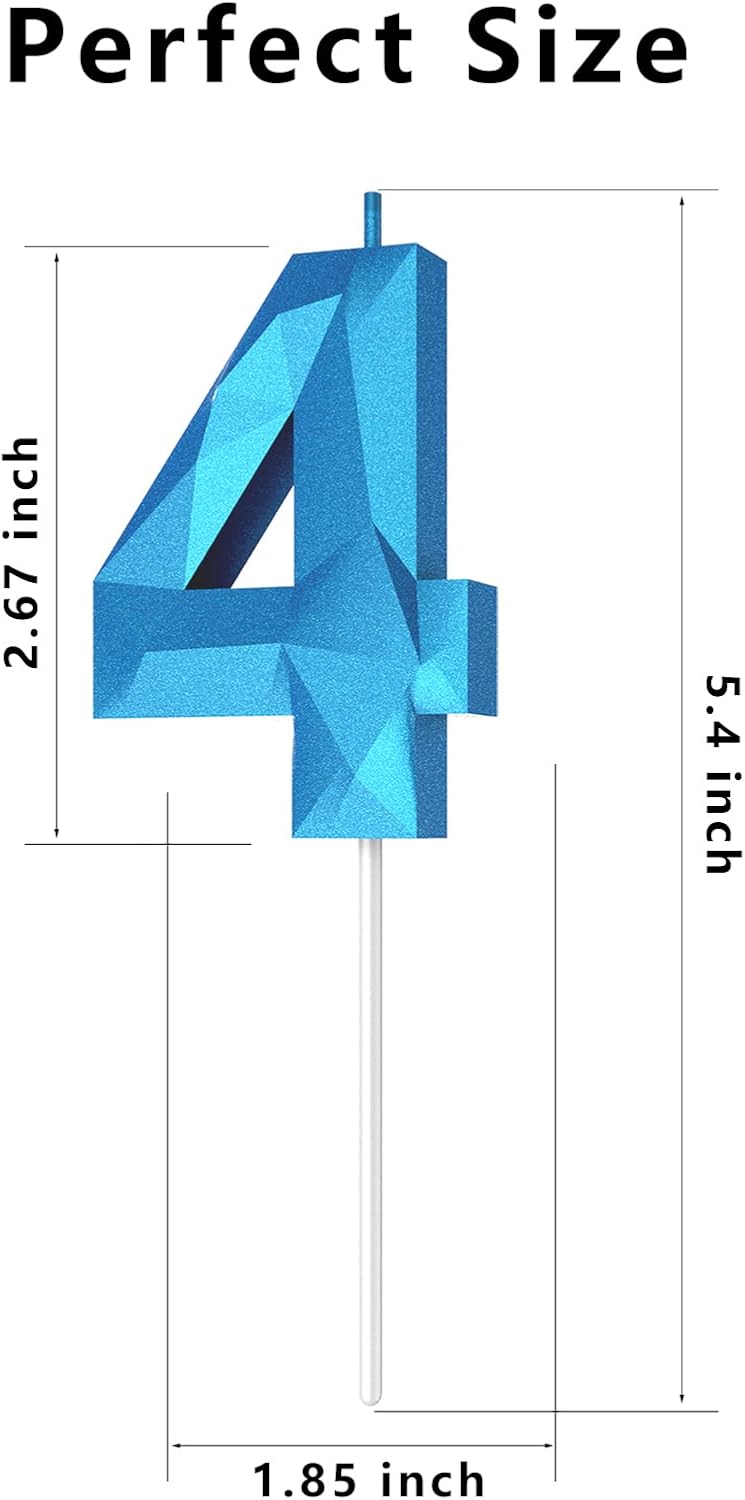 Number Birthday Candles(4 Candle Blue) 3D Diamond Shape Number Happy Birthday Cake Candles for Birthday Party Wedding Decoration Reunions Theme Party