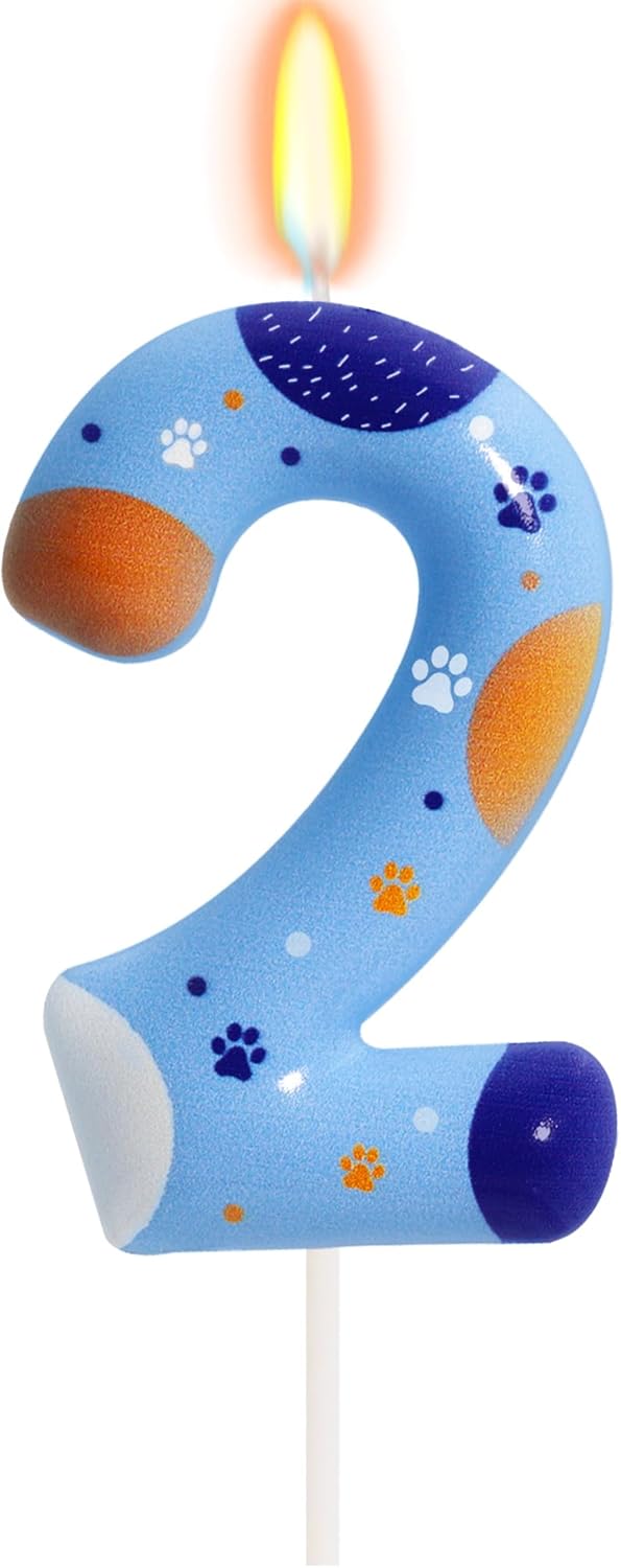 Blue Birthday Candle, Number 2 Paw Print Birthday Party Supplies, 2.76 inch Paw Cake Topper Decorations, Birthday Decorations (Number 2)
