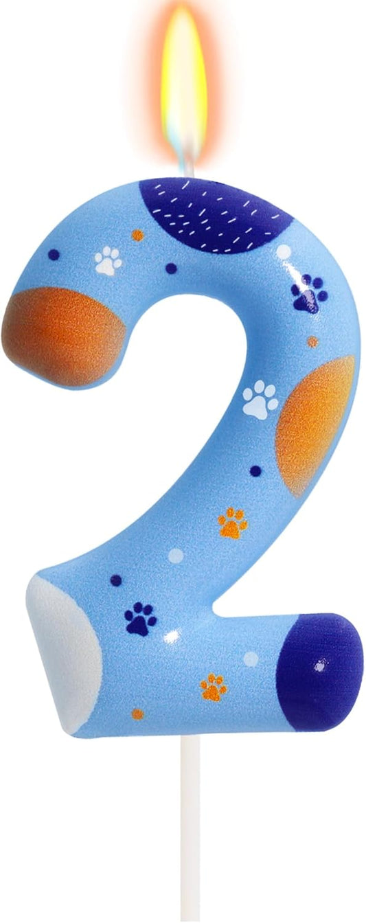 Blue Birthday Candle, Number 2 Paw Print Birthday Party Supplies, 2.76 inch Paw Cake Topper Decorations, Birthday Decorations (Number 2)