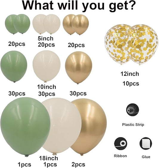 Sage Green and White Gold Balloons Arch Garland Kit 164Pcs Different Sizes Balloons 18 10 5 Inch for Baby Shower Bridal Shower Birthday Wedding Party Decorations