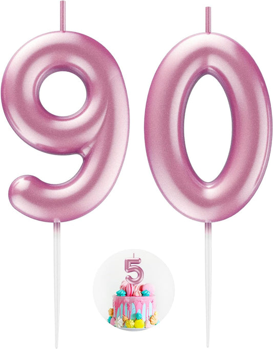 Pink Number 90 Candle Happy Birthday 3D Number Candles for Birthday Cake Party Decoration Wedding Anniversary Celebration Supplies