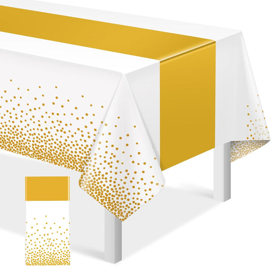 1Pcs White and Gold Tablecloth Party Decorations,Plastic White Table Cloth Printed Gold Table Runner Disposable Rectangle Tables Cover for Birthday Wedding Anniversary Graduation Party,54 x108 Inch