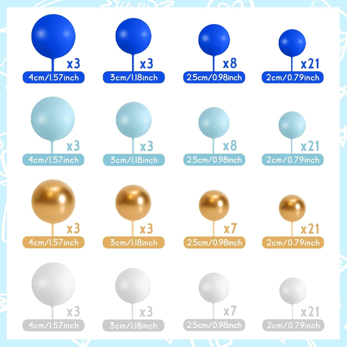 138 Pcs Cake Topper Decorations - Balloon Cupcake Toppers, Foam Balls for Birthday Party, Wedding Anniversary Cake Decor (Assorted Blue, White, Gold)