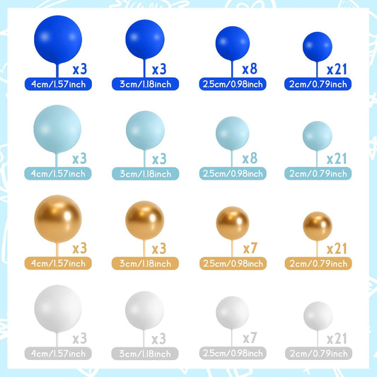 138 Pcs Cake Topper Decorations - Balloon Cupcake Toppers, Foam Balls for Birthday Party, Wedding Anniversary Cake Decor (Assorted Blue, White, Gold)