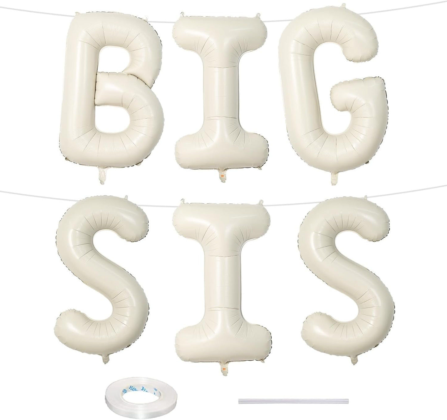 40 Inch Cream BIG SIS Balloons, Large Beige Neutral Big Sis Balloon Letters Sign with Ribbon, Ivory White Sand Baby Girls Balloon for Her Birthday Baby Shower Gender Reveal Party Decoration Supplies