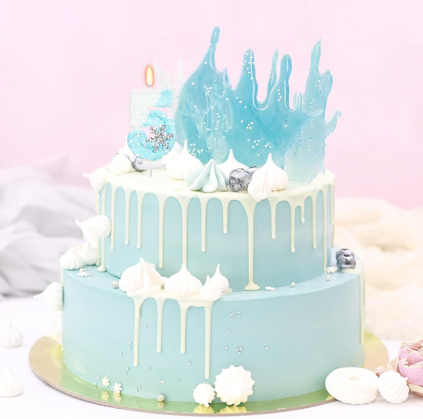 Sky Blue Frozen Themed Birthday Candles, Birthday Candles for Party Supplies, 2.76 inch Number 5 Candle Cake Topper Decoration (Number 5)