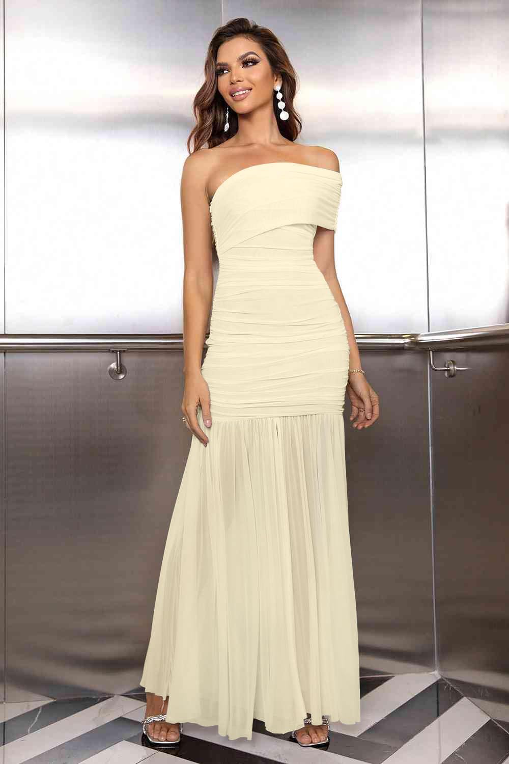 LAGSHIAN Women's Elegant Formal Long Dress One Shoulder Sleeveless Ruched Bodycon Evening Dress