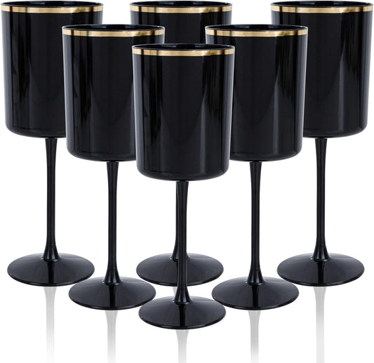 Ciaell 12 Pack 10 OZ Black Plastic Wine Glasses with Stem - Black and Gold Disposable Wine Glasses Perfect for Parties & Weddings & Toasting & Outdoors & Camping & New Year