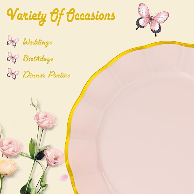 supernal 60pcs Pink and Gold Plastic Plates Fancy Elegant Disposable Scalloped Plastic Plates Heavy Duty Disposable Dinnerware Set for Parties, Bridal Shower,Weddings & Birthdays