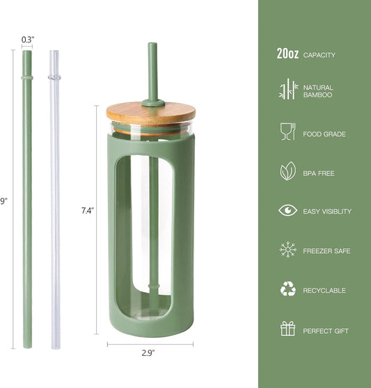 Kodrine 20oz Glass Tumbler with Straw and Lid, Iced Coffee Cups with Bamboo Lids, Glass Cups for Cold Drinks, Smoothie Cup with Silicone Sleeve for Travel, Work, BPA FREE-Olive-2pack