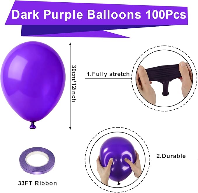 Patimate Dark Purple Balloons 100 Pack 12 Inch Dark Purple Latex Balloons for Birthday Baby Shower Graduation Anniversary Bachelorette Butterfly Party Decorations Arch Garland