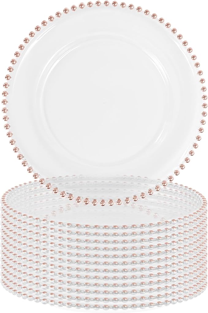 12 PCS Clear Round Charger Plates with Beaded Rim, 13 Inch Plastic Acrylic Plate, Plastic Round Beaded Dinner Decorative Service Plates for Wedding Party Event, Home Kitchen Tabletop(Pink)