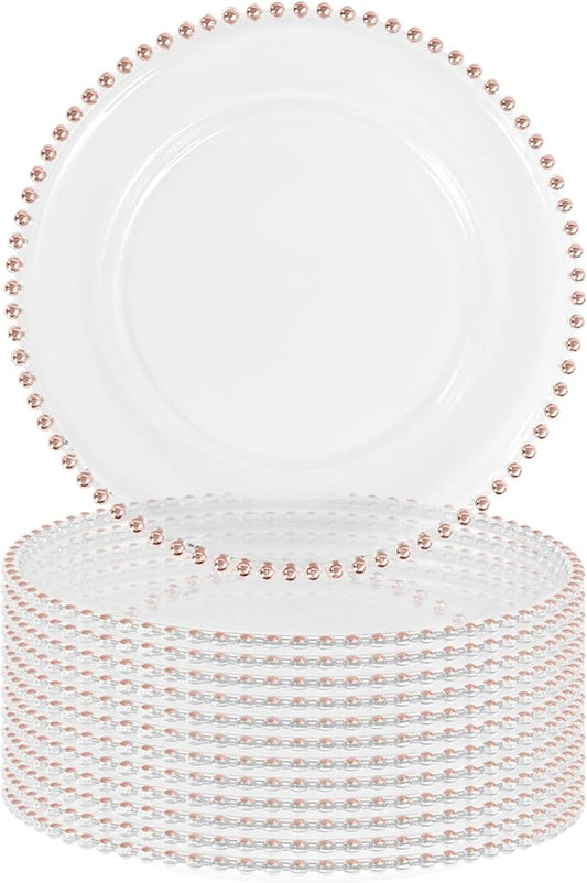 12 PCS Clear Round Charger Plates with Beaded Rim, 13 Inch Plastic Acrylic Plate, Plastic Round Beaded Dinner Decorative Service Plates for Wedding Party Event, Home Kitchen Tabletop(Pink)