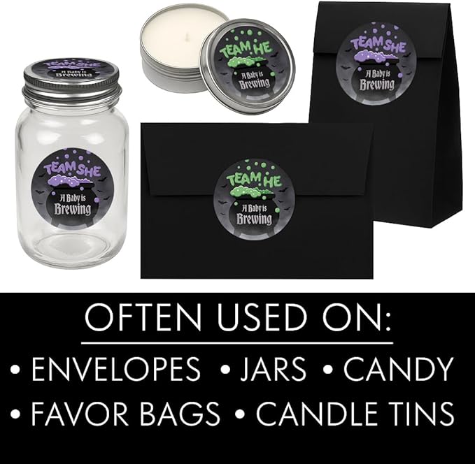 Baby is Brewing Halloween Gender Reveal Party - Bubbling Witch Cauldron Team He or Team She - 40 Stickers - Purple Green