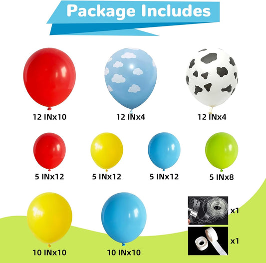 Red Yellow Blue Balloons Arch Kit Red Blue Green Yellow Latex Balloon Garland with Cow Print Party Balloons for Kids Boys Birthday Party Farm Themed Party Decorations