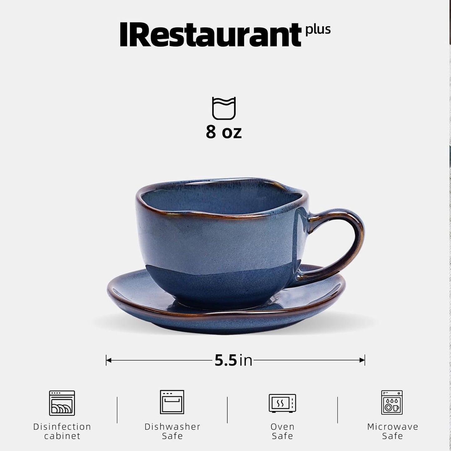 Organic Shape Restaurant 8OZ Coffee Cup and Saucer, Commerical Grade Catering Stoneware Cup and Saucer in Ir-regular Organic Shape, Chip & Scratch Resistant, Glossy Reactive Glaze Blue, Case of 24