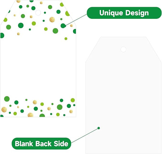 Anwyll Gift Tags with String - 100Pcs Green Gold Confetti Polka Dot Gift Bag Tags Personalized White Blank Hang Paper Label Tag for Birthday Party Bridal Shower Wedding St. Patrick's Day Favor Present