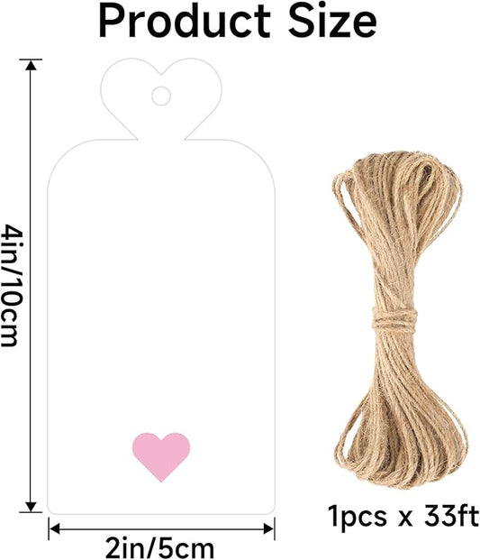joycraft 100Pcs Gift Tags with String, 4x2 in White Gift Wrapping Tags with Pink Heart, Blank Party Favor Labels for Birthday, Baby Shower, Wedding, Bridal Shower