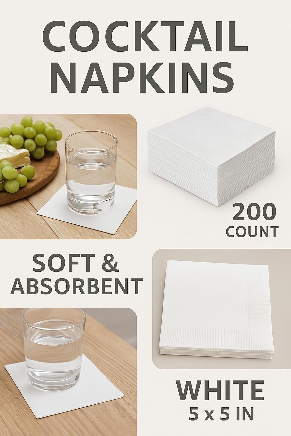 White Cocktail Napkins - 200 count! 2-Ply, Soft, Absorbent, Disposable Paper Napkins for Drinks, Parties, Events, Bars & Weddings! 5x5 inch Square