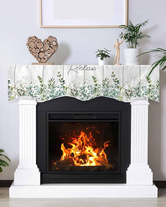 Green Eucalyptus Leaves Fireplace Mantel Scarf Table Runner, Summer Botanical Vintage Wooden Winter Garland Mantel Top Tablerunners Dresser Scarves Decorations for Windows Party Living Room 60''x17''