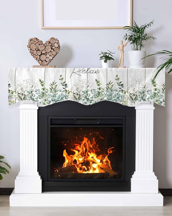 Green Eucalyptus Leaves Fireplace Mantel Scarf Table Runner, Summer Botanical Vintage Wooden Winter Garland Mantel Top Tablerunners Dresser Scarves Decorations for Windows Party Living Room 70''x17''
