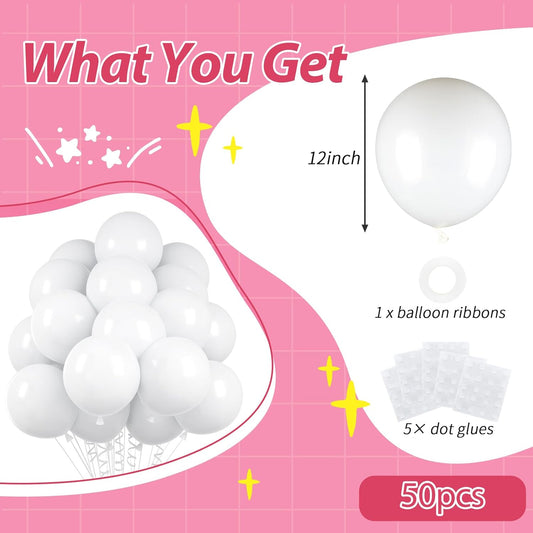 50pcs White Balloons, 12inch White Latex Party Balloon, Helium Quality for Wedding Graduation Birthday Party Backdrop Independence Day Decorations (With Ribbon & Glue)