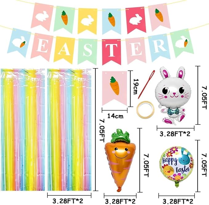 Easter Balloons Arch Kit Double Stuffed Pastel Balloons with Bunny, Carrot & Egg Foil Balloon Easter Banner and Colorful Fringe Curtain for Easter Birthday Baby Shower Spring Party Decoration