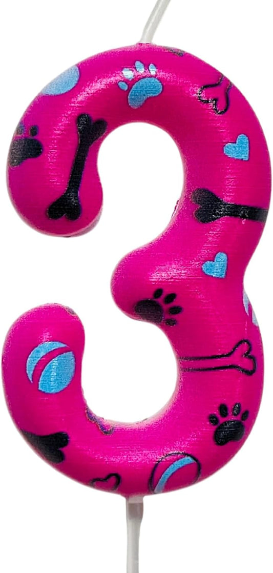 Number 3 Pink Purple Dog Paw Birthday Candles Cake Topper Numeral Birthday Candles for Boy Girl Dog Paw Decoration