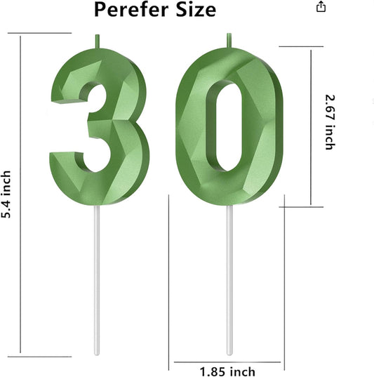 Number Birthday Candles(30 Candle Green) 3D Diamond Shape Number Happy Birthday Cake Candles for Birthday Party Wedding Decoration Reunions Theme Party