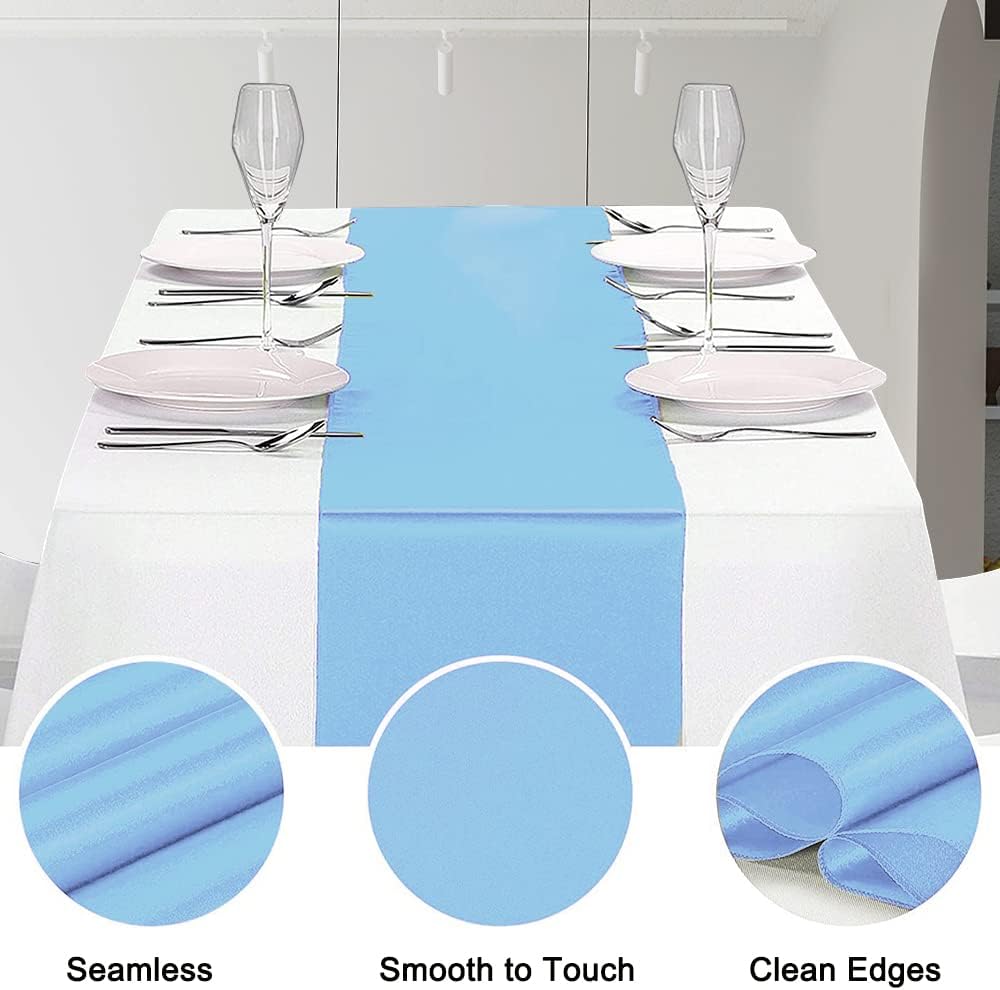 12 Pack Satin Table Runner 12 x 108 Inch Long Satin Table Runners for Wedding Banquet Graduations Birthday Party Decoration (Baby Blue)