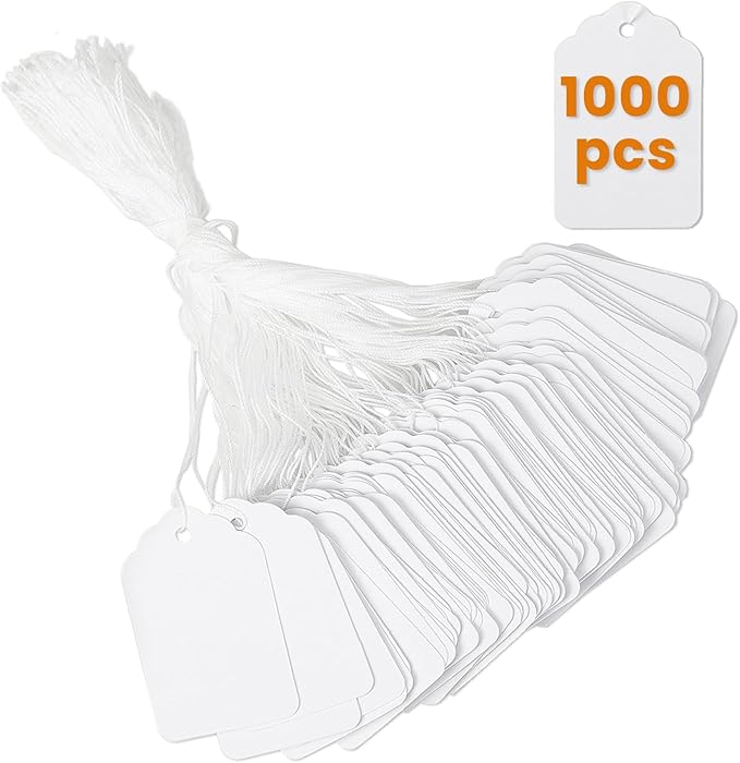 White Price Tags with String Attached 1000 PCS, 1.375 x 2.125 Inches, Goefun Writeable String Tags for Gift Bags, Hanging, Clothing, Jewelry, Garage/Yard Sale, Inventory, 250 GSM