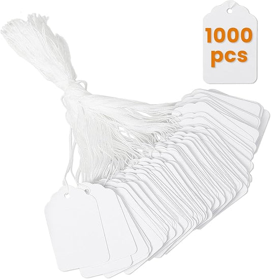 White Price Tags with String Attached 1000 PCS, 1.375 x 2.125 Inches, Goefun Writeable String Tags for Gift Bags, Hanging, Clothing, Jewelry, Garage/Yard Sale, Inventory, 250 GSM
