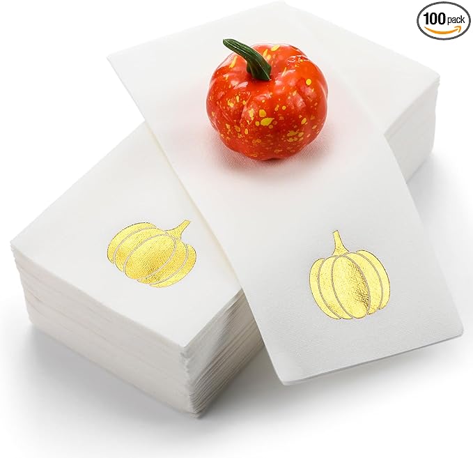 Janlaugh 100 Pcs Gold Thanksgiving Linen Disposable Bathroom Hand Towels Pumpkin Maple Leaves Foil Stamped Guest Napkins 12"x17" Paper Towels for Bathroom Home Lunch Dinner Kitchen(Pumpkin)