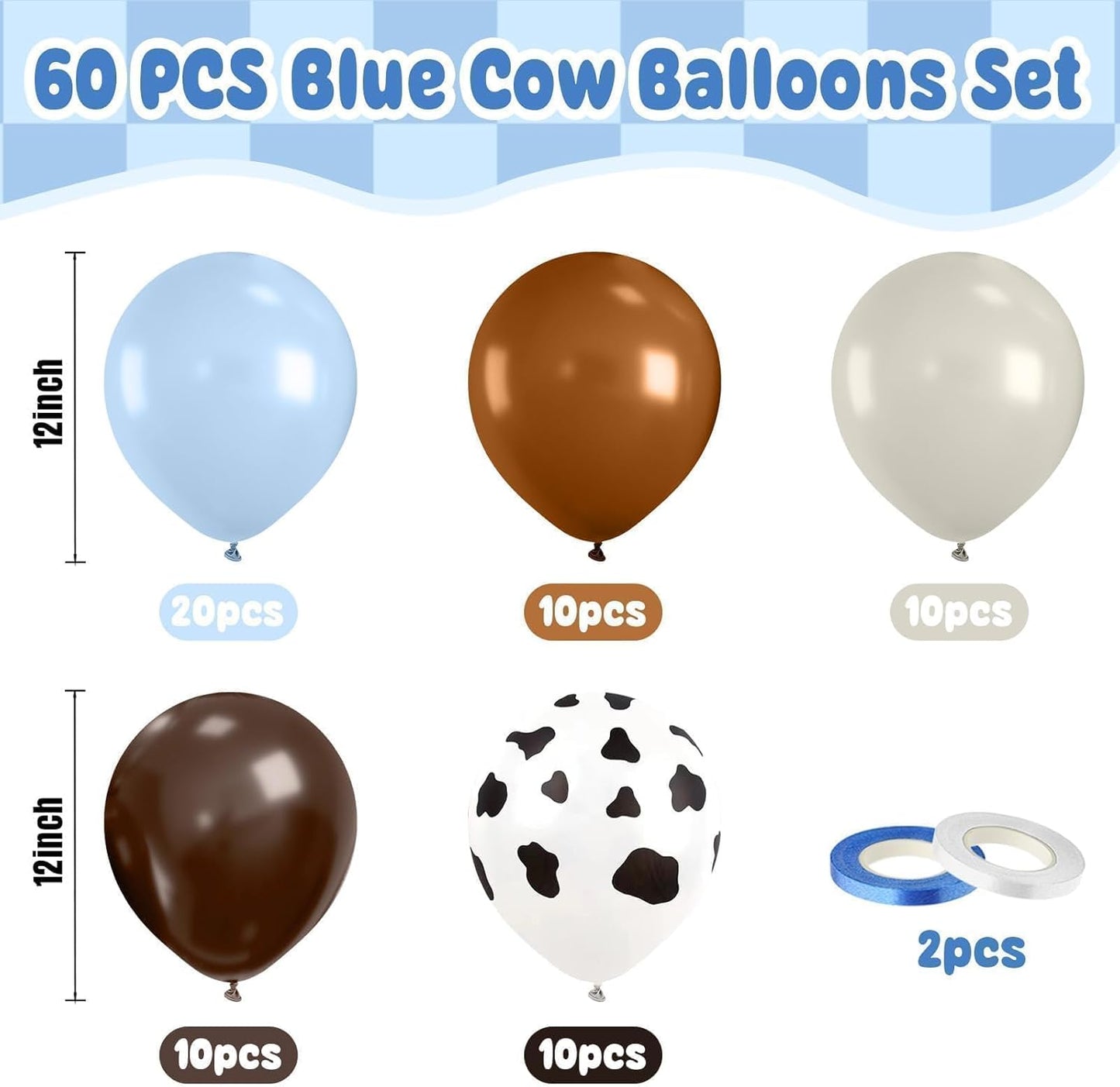 Paready Cow Print Balloons Set, 60Pcs Blue Brown Cow Balloons, 12Inch Light Blue Brown Sand White Latex Balloon for Farm Western Birthday Baby Shower Cowboy Cow Themed Birthday Party Decorations