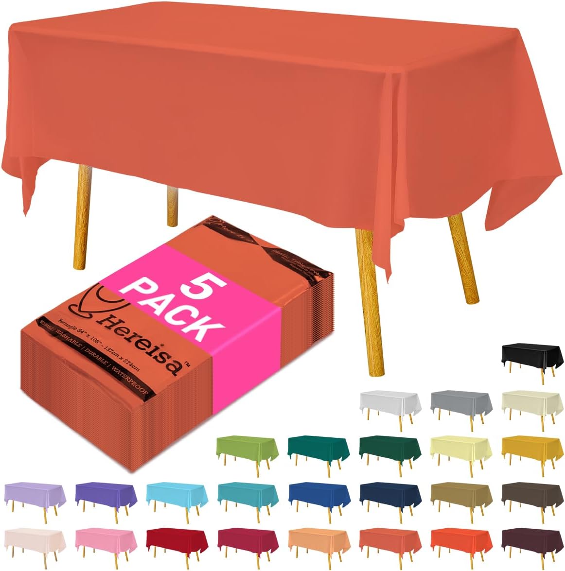 Disposable Plastic Tablecloth Coral 54x108 Inch, 5-Pack Waterproof Rectangular Table Cover for Parties, Picnics, Dining Protection