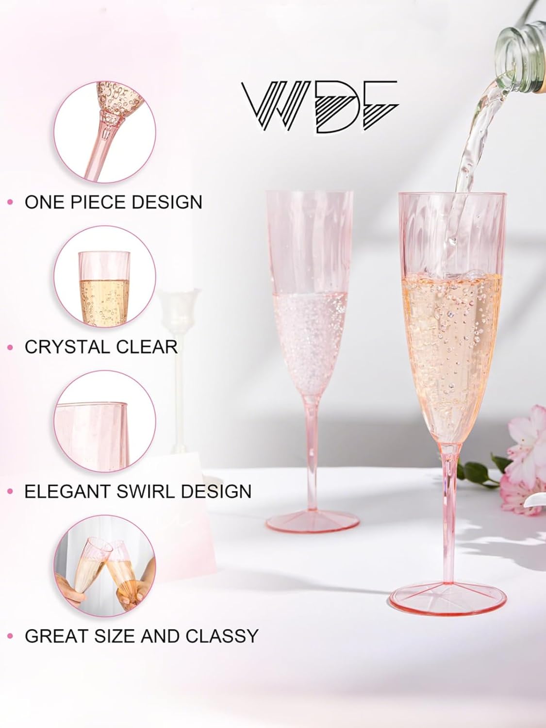 WDF 36PCS Pink Champagne Flutes Plastic - 6OZ Pink Disposable Champagne Flutes Party Supplies for Wedding/Birthday/Parties