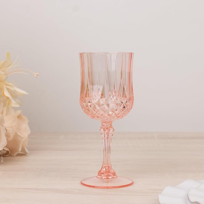 Efavormart 6-Pack Plastic Wine Glasses 8oz, Transparent Blush - Crystal Cut Shatterproof Cocktail Goblets Drinking Glasses