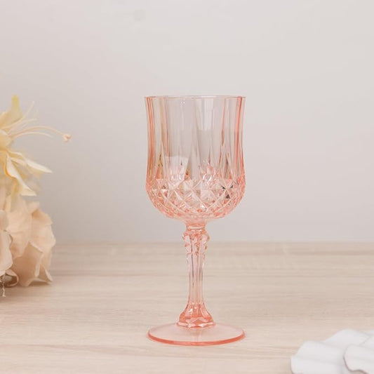 Efavormart 6-Pack Plastic Wine Glasses 8oz, Transparent Blush - Crystal Cut Shatterproof Cocktail Goblets Drinking Glasses
