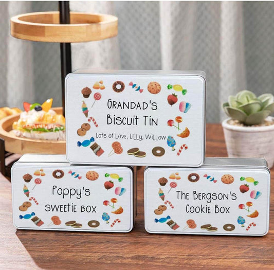 Personalized Cute Cookie Jar Tin with Lid, Custom Metal Candy Biscuit Snack Chocolate Storage Box for Kids Family, Christmas Holiday Party Supplies (S, M, L)