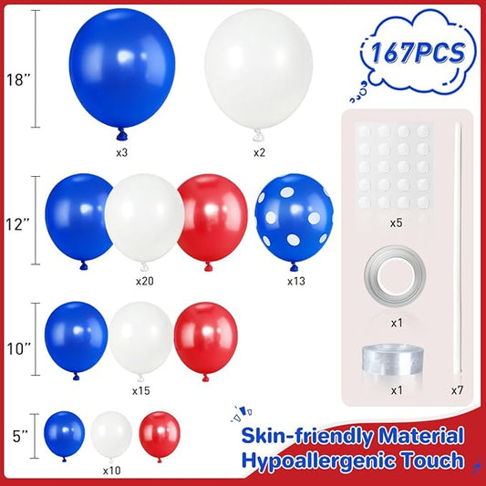 Red White Blue Balloon Arch Kit, 167PCS 4th of July Balloons Garland for Graduation Patriotic Birthday Nautical Baby Shower Wedding Baseball Party Decorations