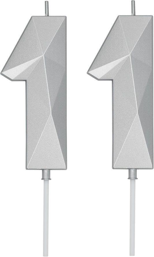 DERVENTA Birthday Candle Big Number 3D Silver 3.7 inch Party Celebration Anniversary Decoration Cake Topper 1 Piece (Number 11 Silver)
